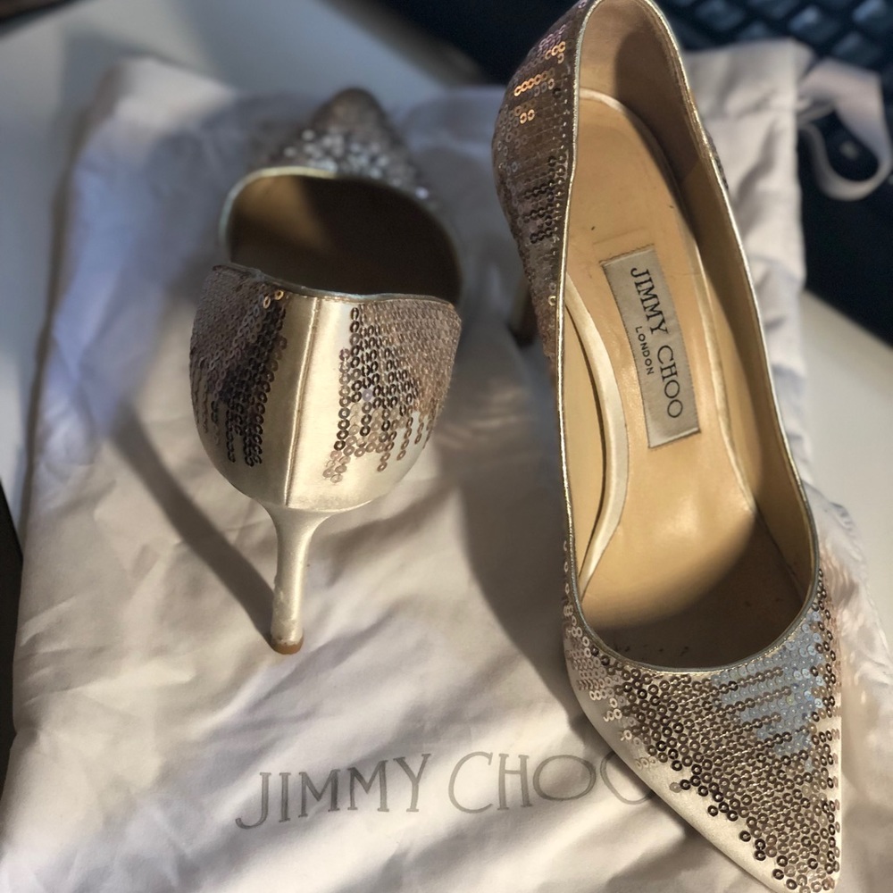 Jimmy Choo white sequin bridal heels with dust bag